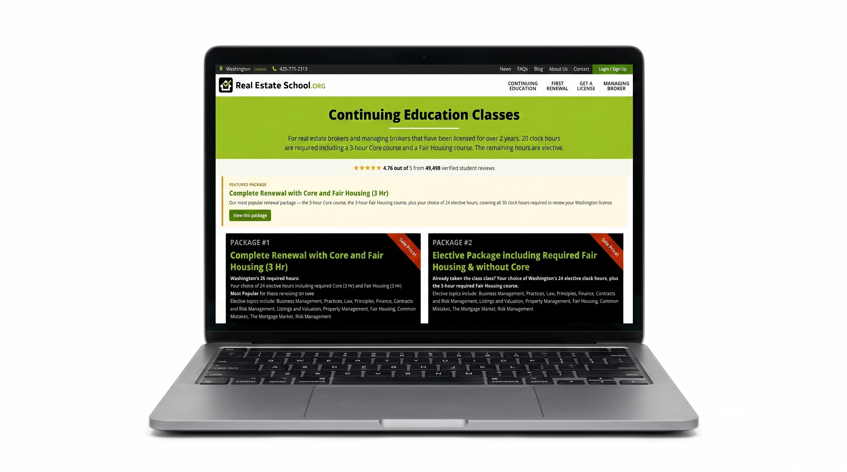 The Realestateschool.org course platform on a laptop — Washington continuing education classes